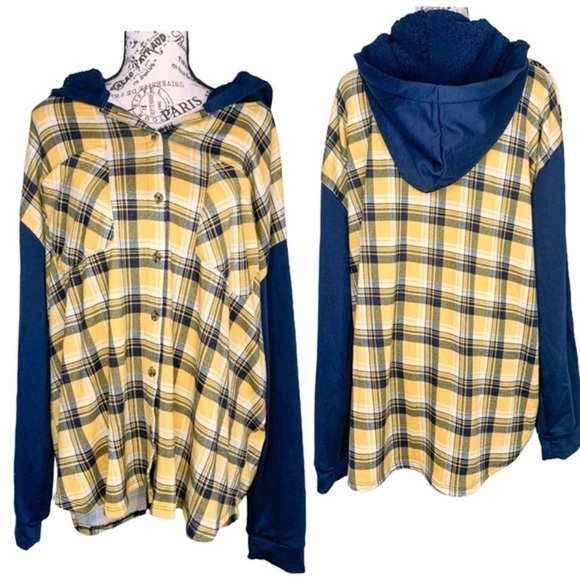 Mik Mesh Plaid Button Down Faux Sherpa Hoodie in Yellow Navy Blue Size 3XL - Picture 2 of 16